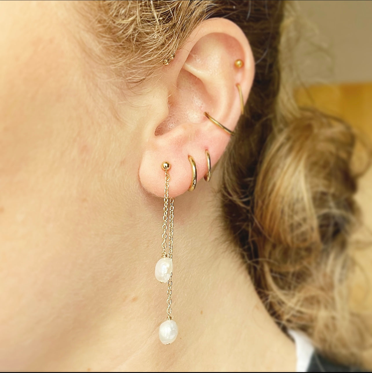 Double Drop Fresh Water Pearl Earrings.