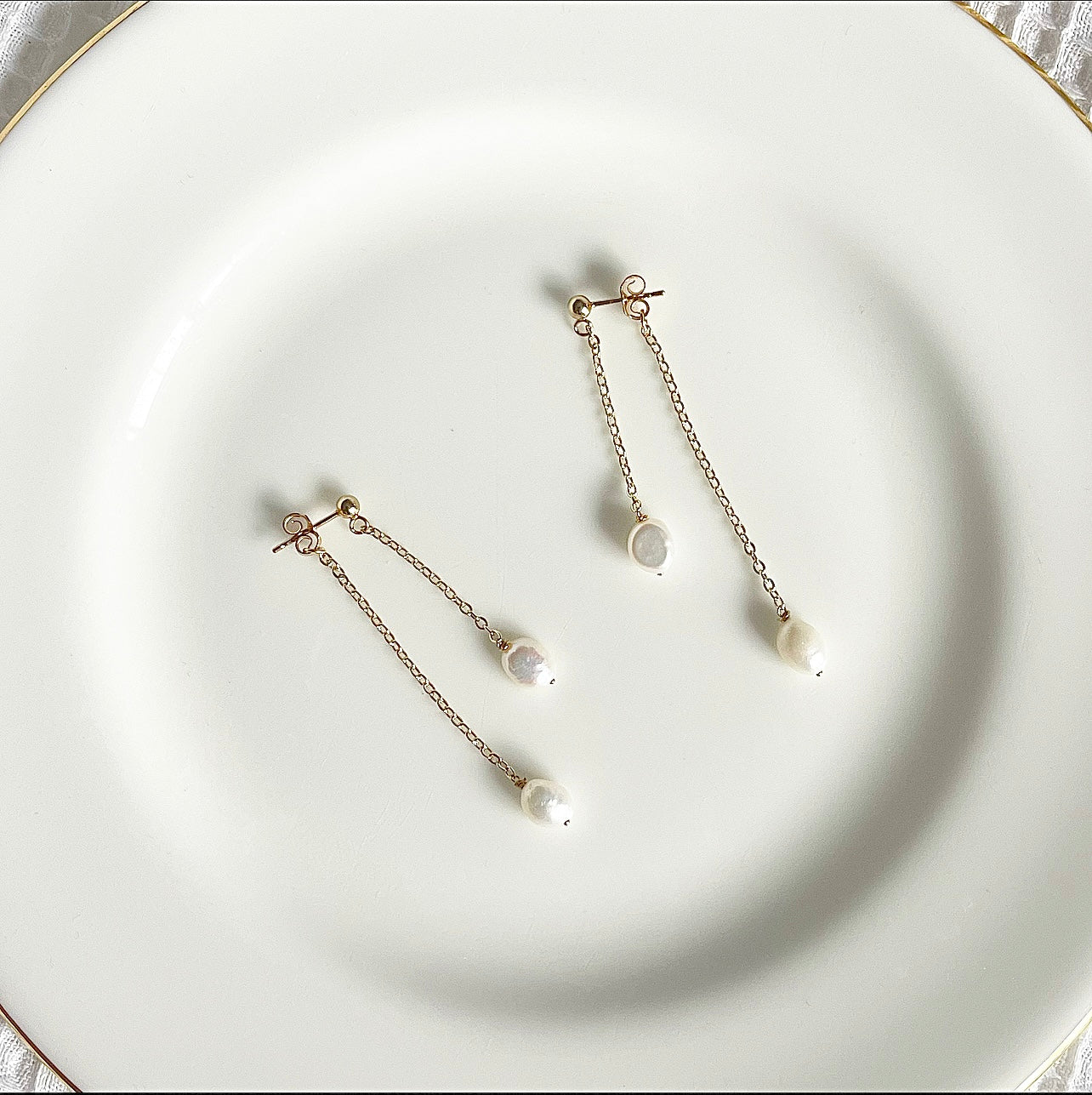 Double Drop Fresh Water Pearl Earrings.